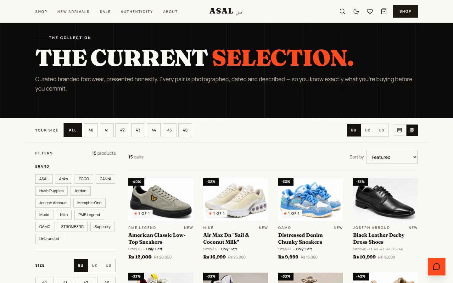 ASAL shop page with size and brand filters and a grid of footwear products